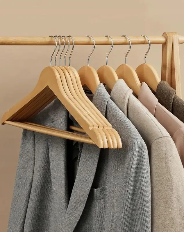 Naturel Ahşap Elbise ve Pantolon Askısı Klasik Gümüş Kanca 5