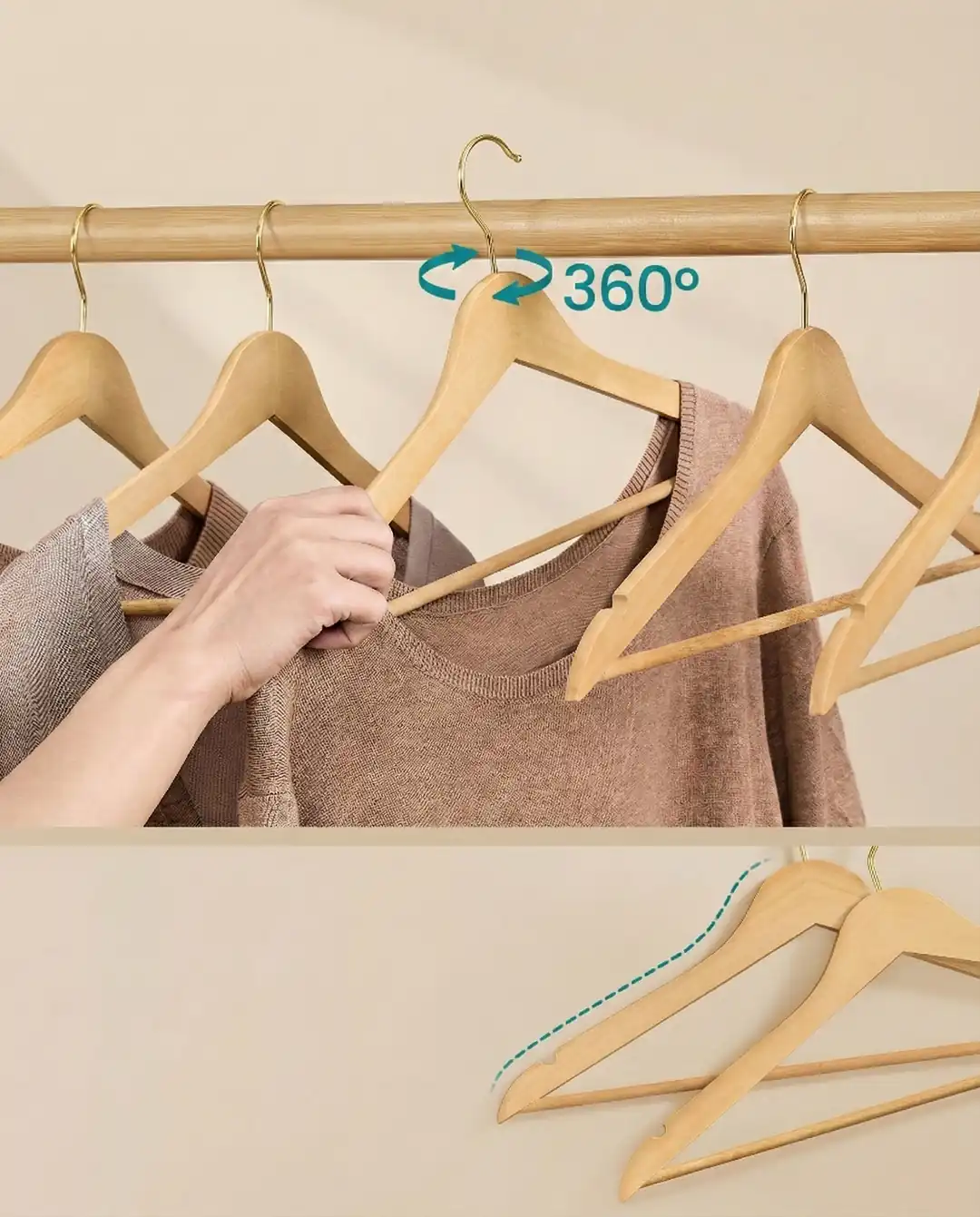 Naturel Ahşap Elbise ve Pantolon Askısı Klasik Gold Kanca 5